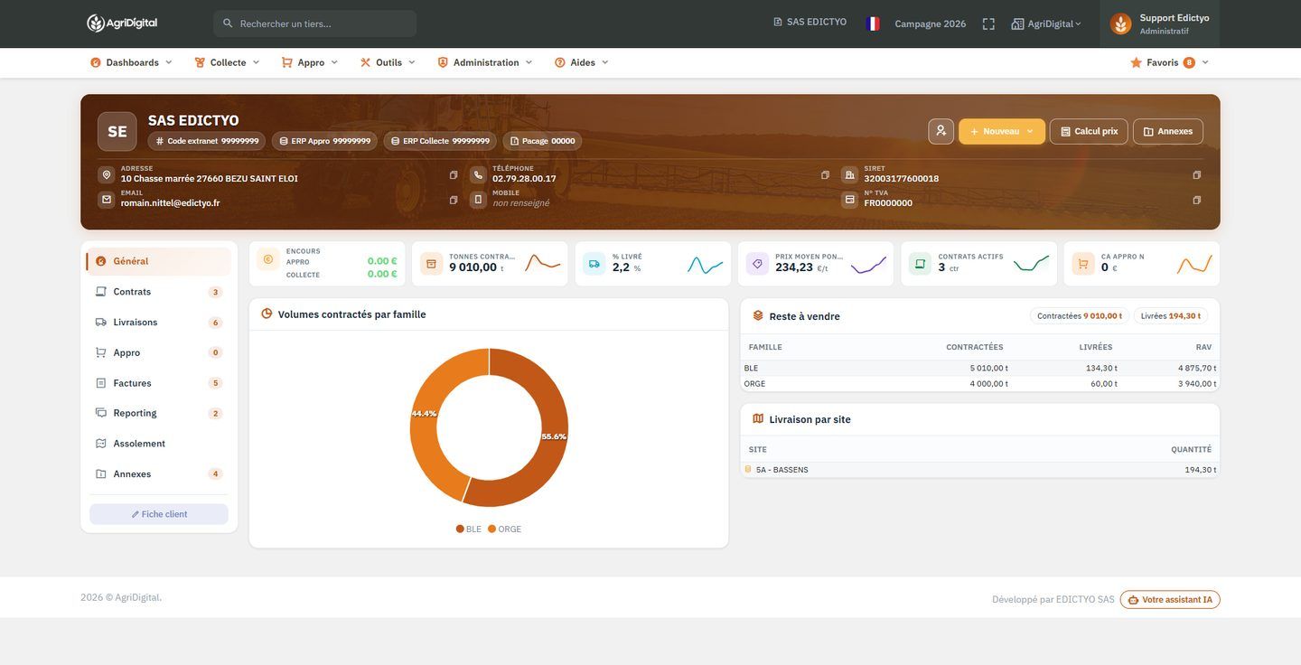 Fiche tiers 360° d'un producteur dans AgriDigital : contrats, livraisons et reste à vendre